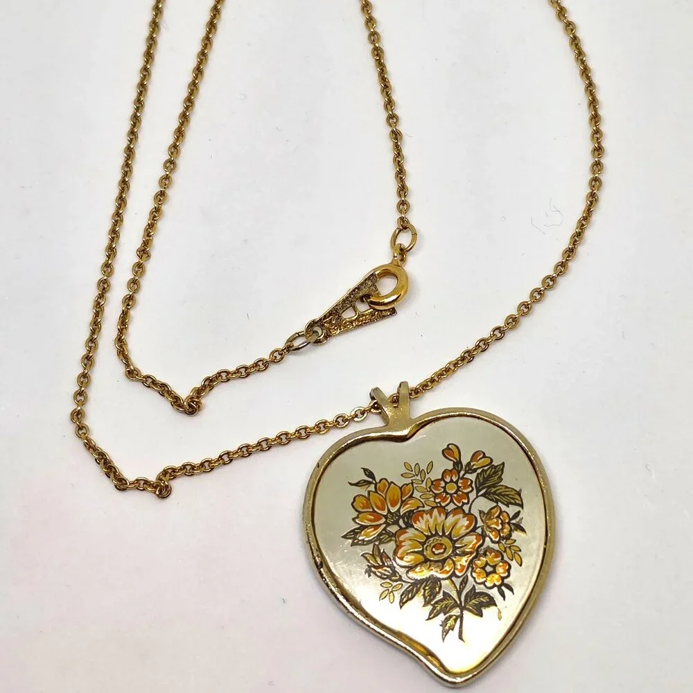 Vintage Reed & Barton Damascene Floral Heart Pendant with Amway GF 16' Chain